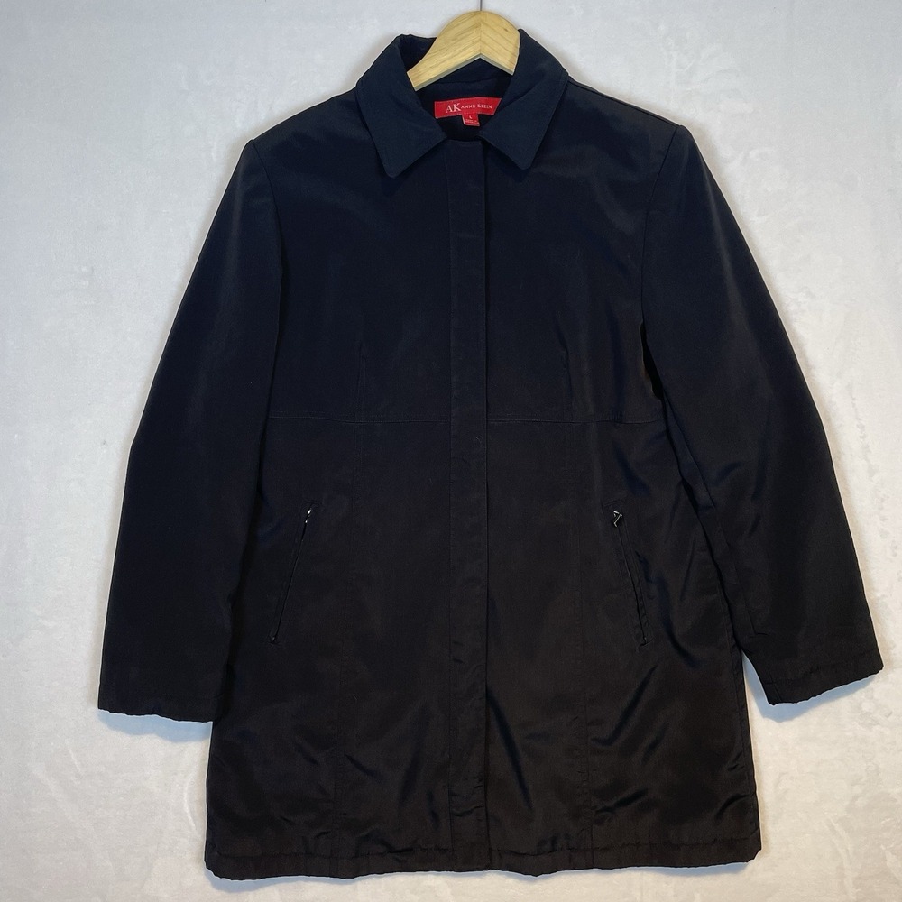 AK Anne Klein Women's L Black Long Dress Coat Split Lined Trench Hidden‎ Placket